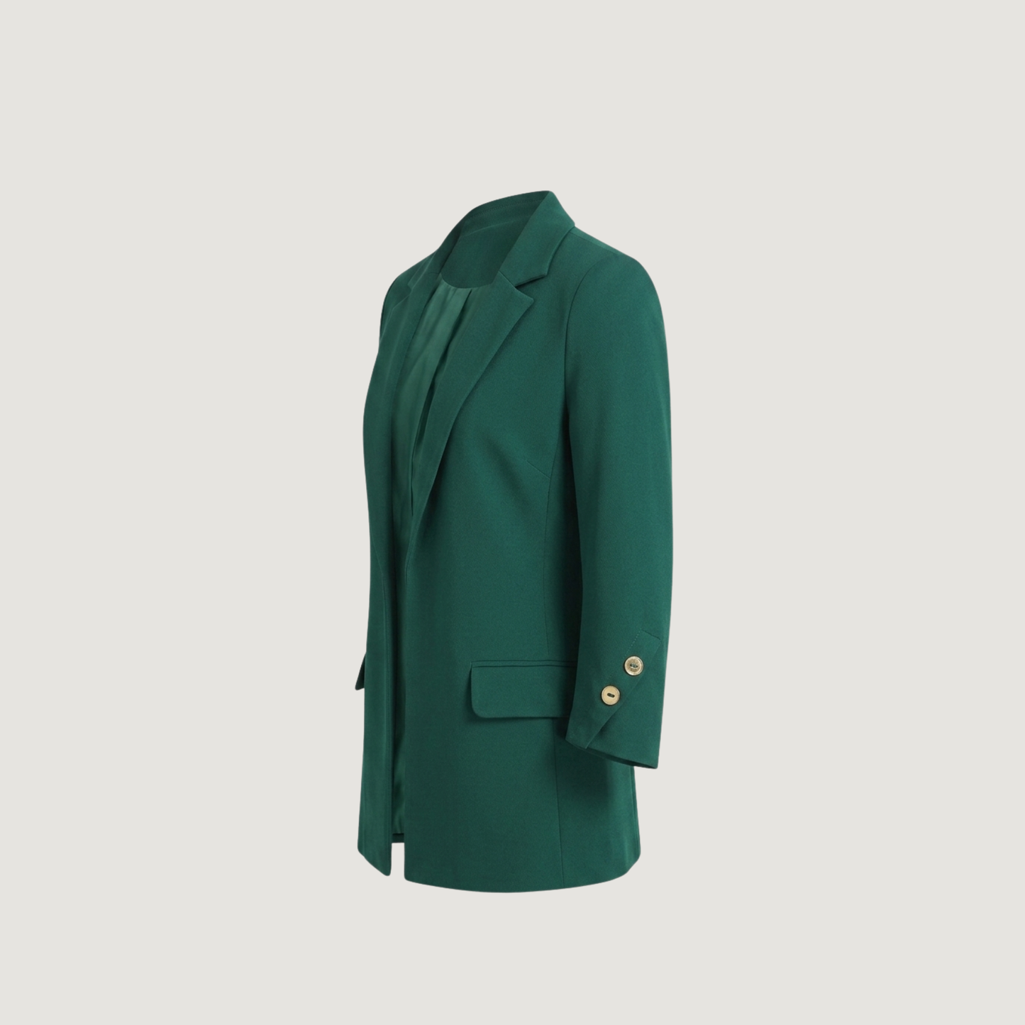 Emerald Green Tailored Blazer for Women – Lined, Pocketed, and Custom Cuff Detail.