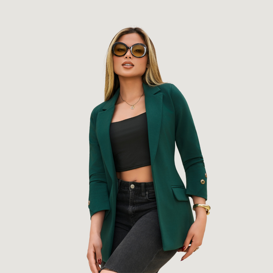 Emerald Green Tailored Blazer for Women – Lined, Pocketed, and Custom Cuff Detail.