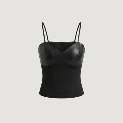 Leather Crop Top - Sheer Mesh Back - V-Neck