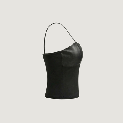 Leather Crop Top - Sheer Mesh Back - V-Neck