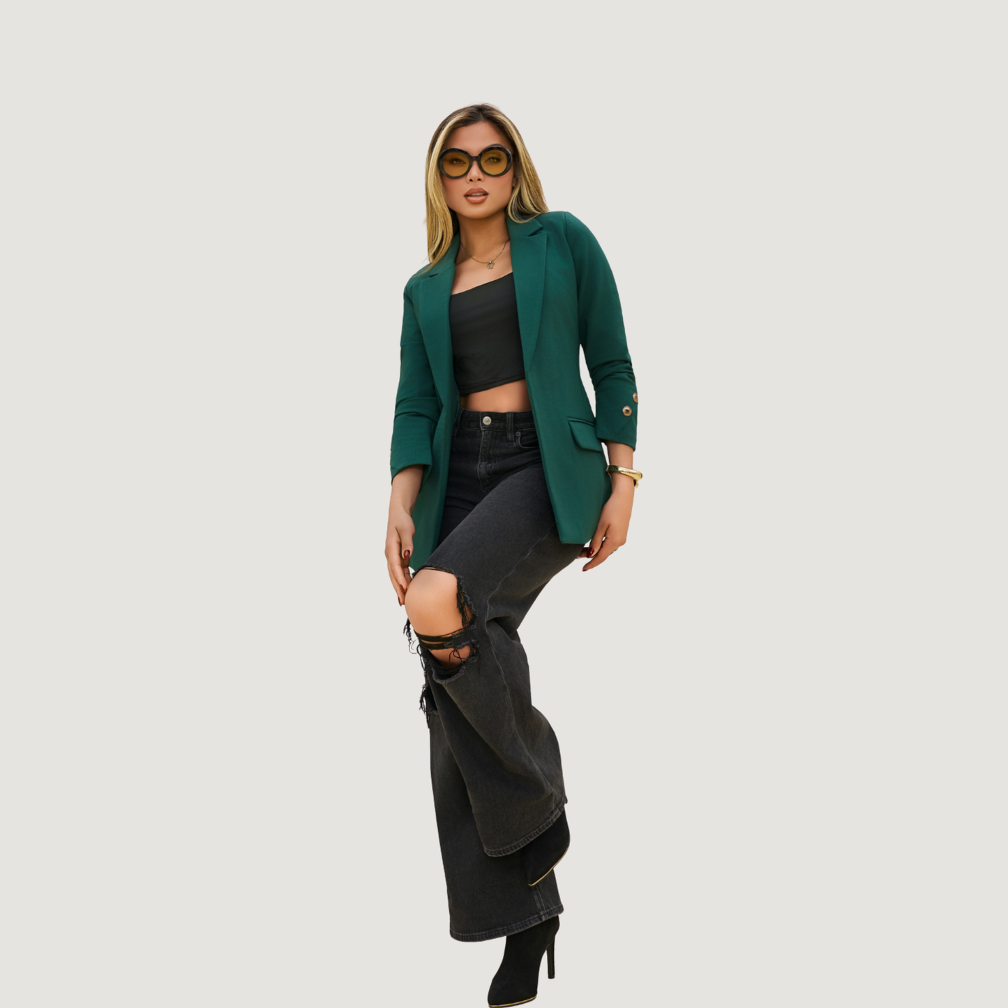 Emerald Green Tailored Blazer for Women – Lined, Pocketed, and Custom Cuff Detail.