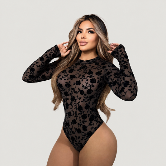 Leopard Mesh Bodysuit with Velvet Texture