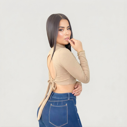 Ribbed Backless Long Sleeve Top..