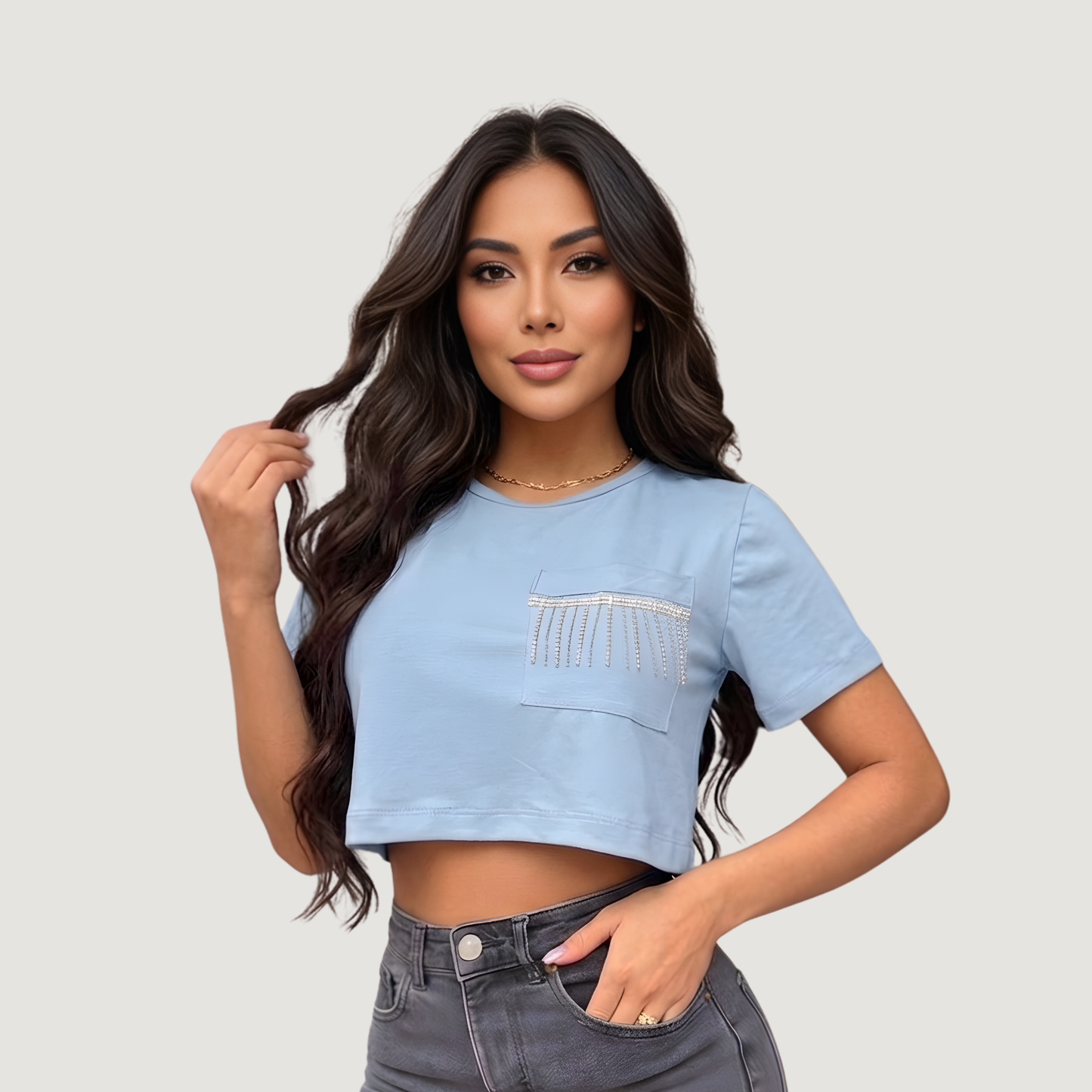 T-Shirt Crop Top - Loose Fit - Chain Detail..