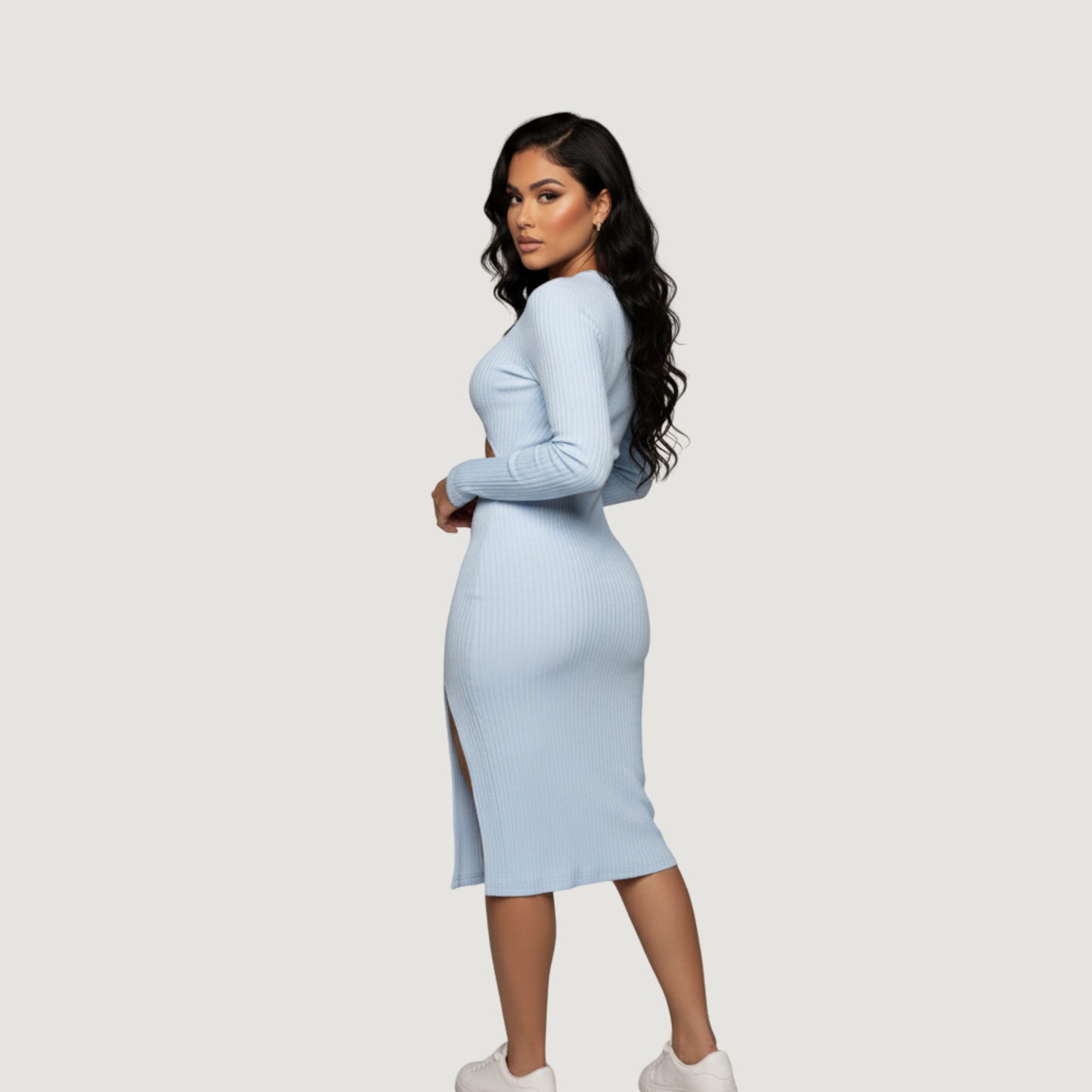 Ribbed Long Sleeve Dress with Slit