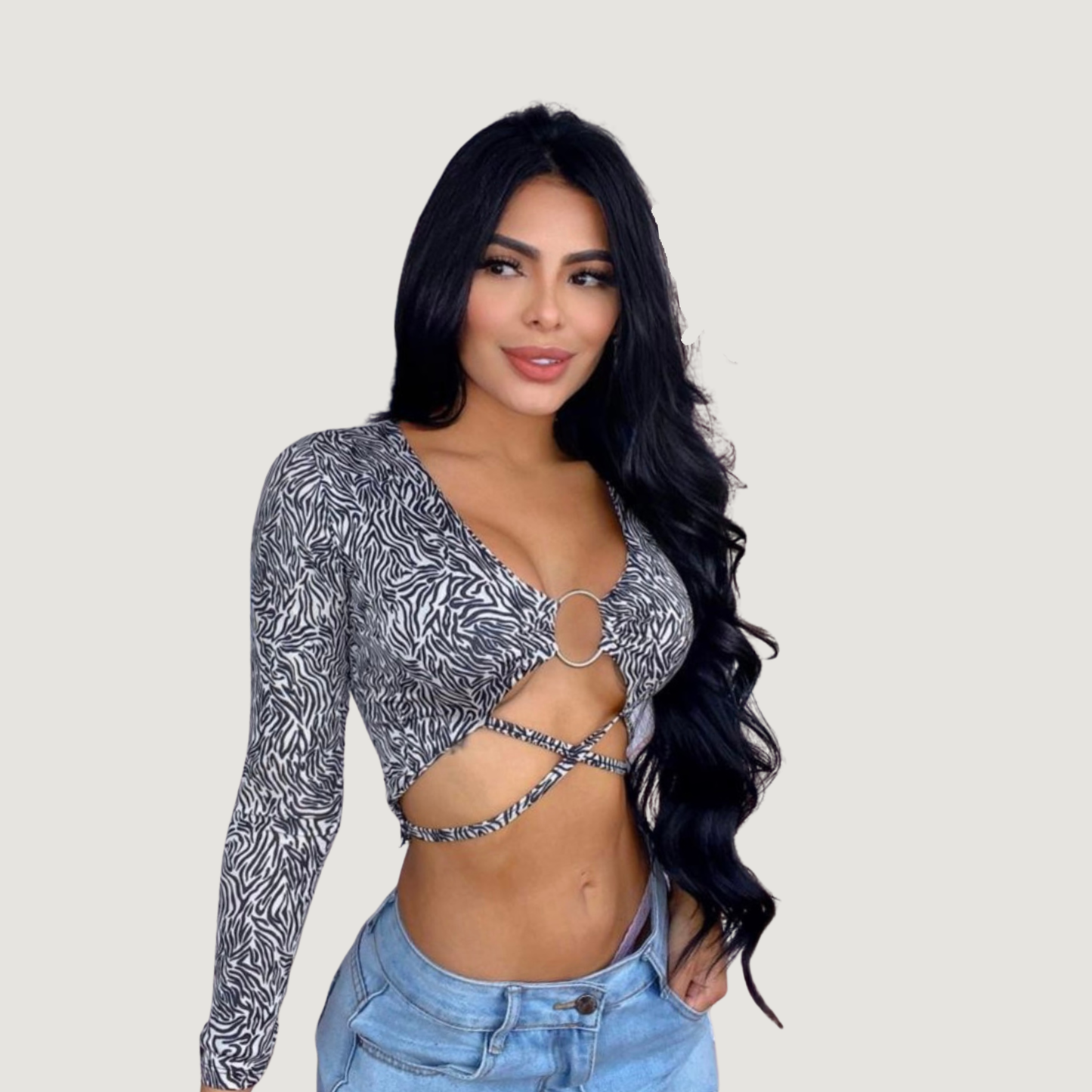 Long Sleeve Crop Top - Open Neckline